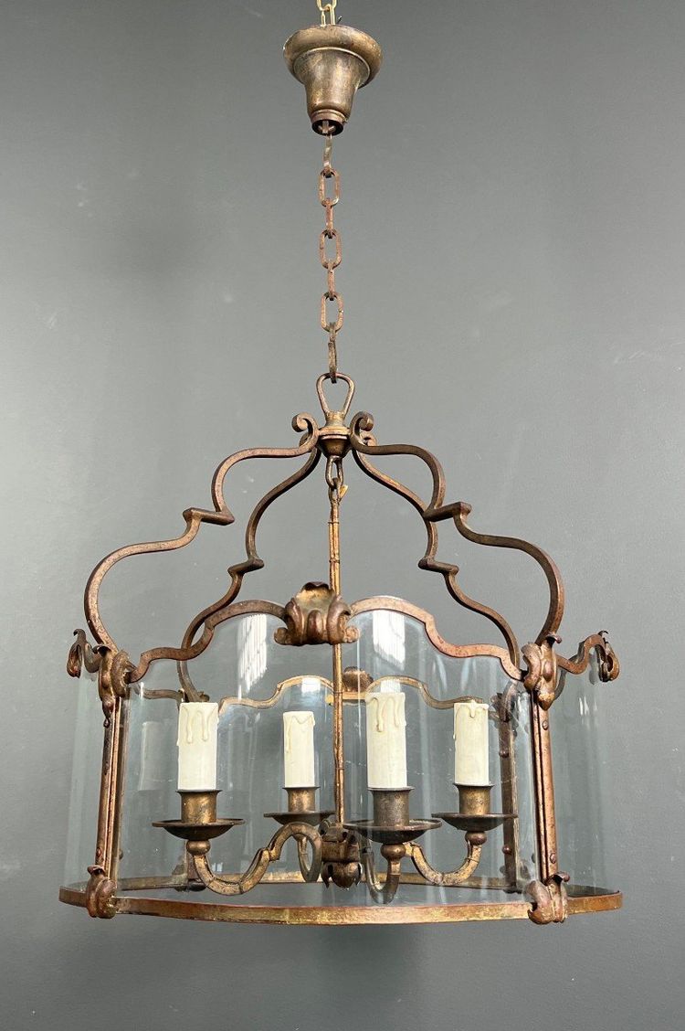 Lantern En Fer Forgé Battu Doré Et Verres Galbés. French work. Circa 1940