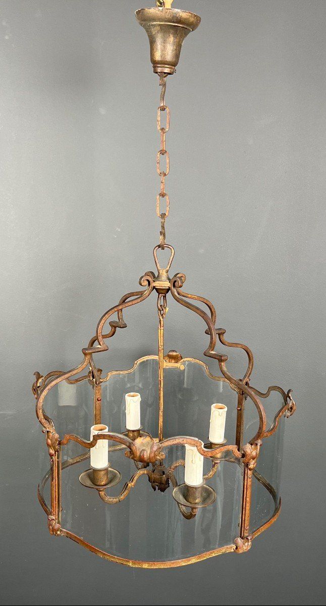 Lantern En Fer Forgé Battu Doré Et Verres Galbés. French work. Circa 1940