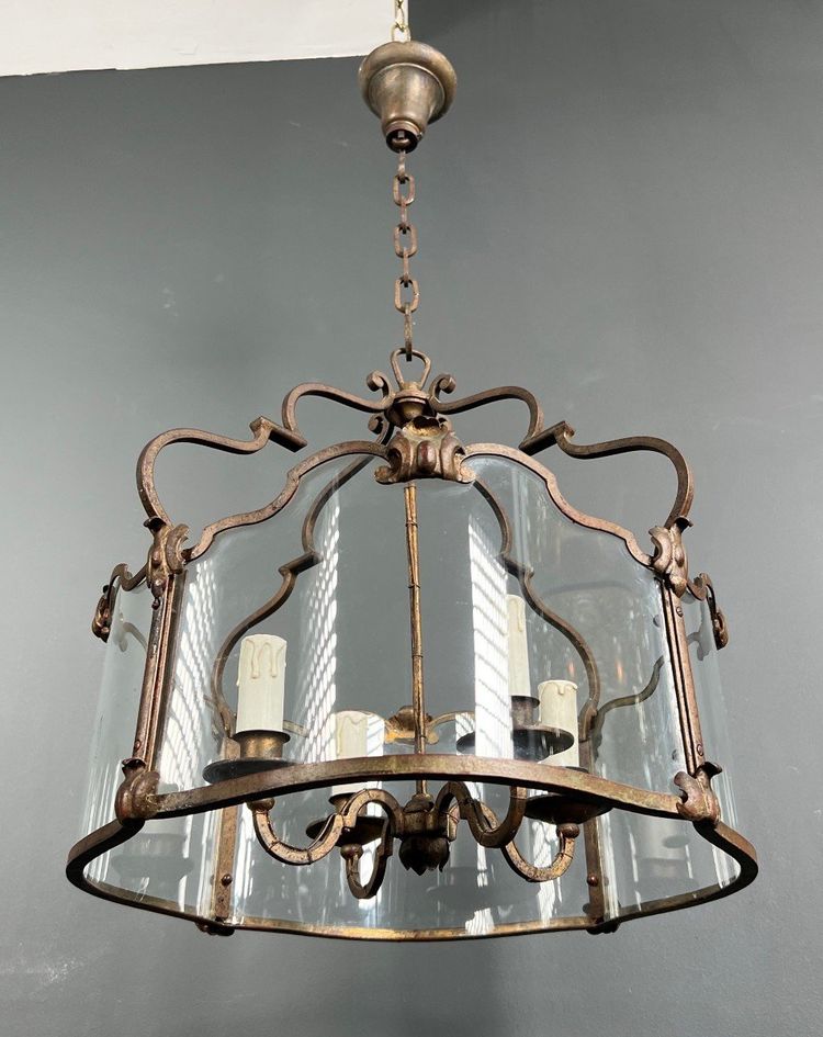 Lantern En Fer Forgé Battu Doré Et Verres Galbés. French work. Circa 1940