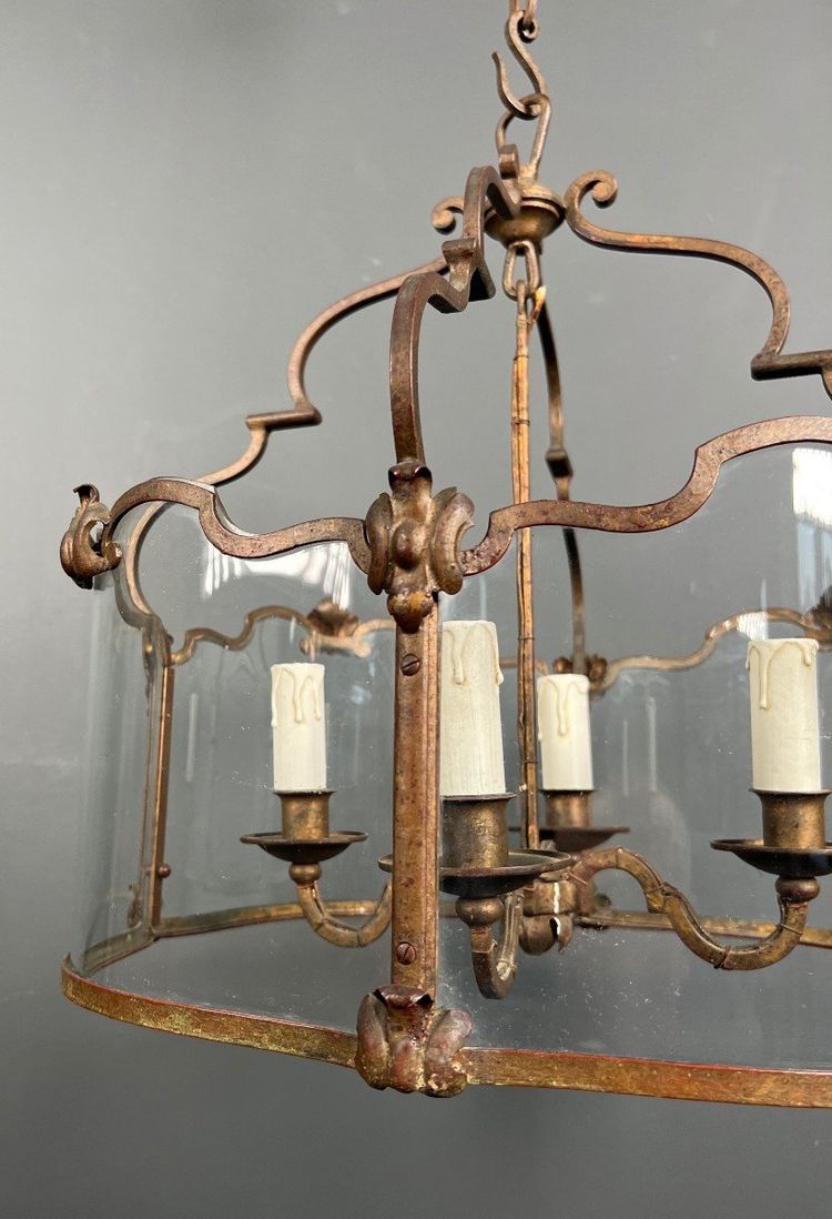 Lantern En Fer Forgé Battu Doré Et Verres Galbés. French work. Circa 1940
