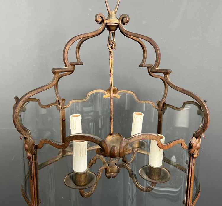 Lantern En Fer Forgé Battu Doré Et Verres Galbés. French work. Circa 1940
