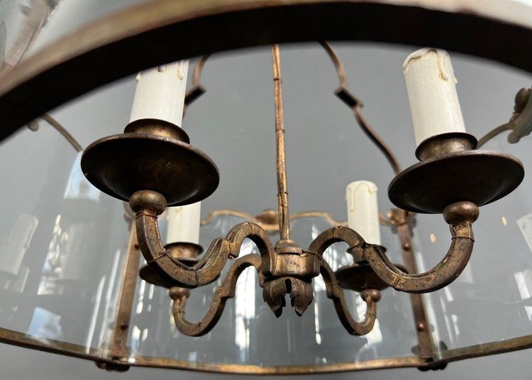 Lantern En Fer Forgé Battu Doré Et Verres Galbés. French work. Circa 1940