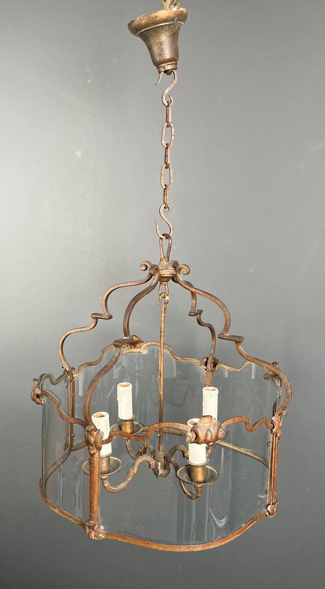 Lantern En Fer Forgé Battu Doré Et Verres Galbés. French work. Circa 1940