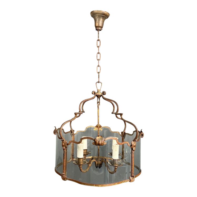 Lantern En Fer Forgé Battu Doré Et Verres Galbés. French work. Circa 1940