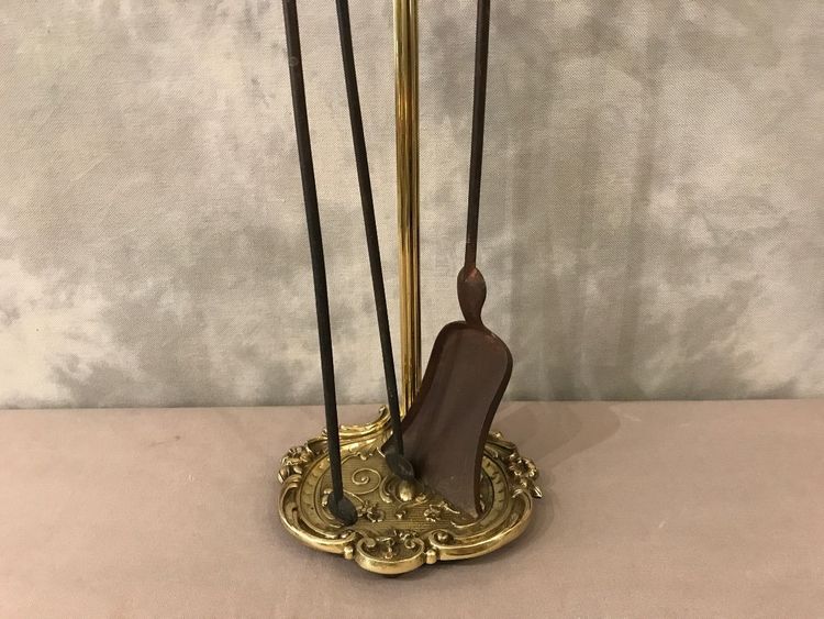 19th century iron fireplace server with shovel, iron and bronze tongs