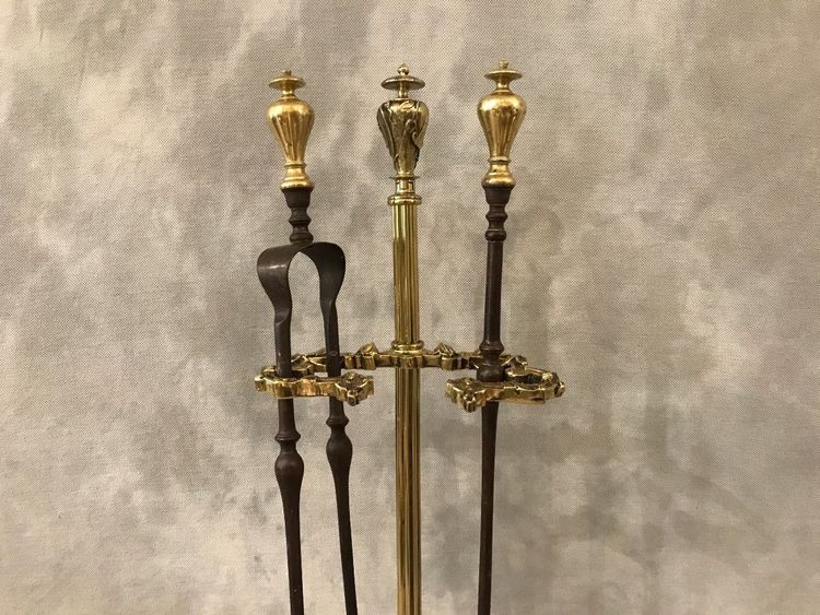 19th century iron fireplace server with shovel, iron and bronze tongs