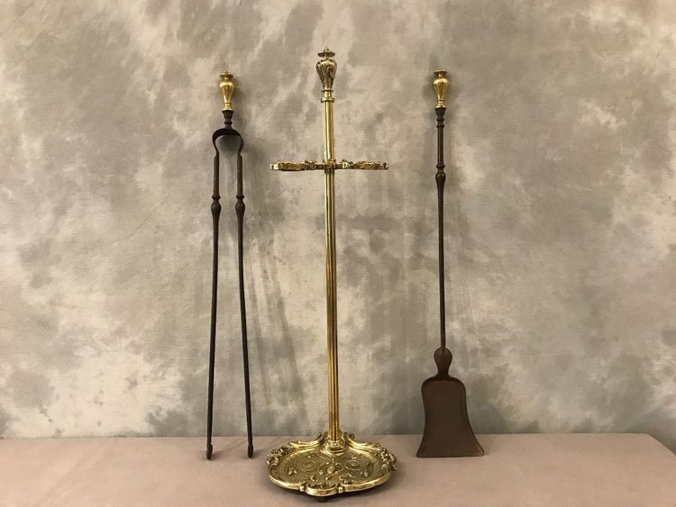 19th century iron fireplace server with shovel, iron and bronze tongs