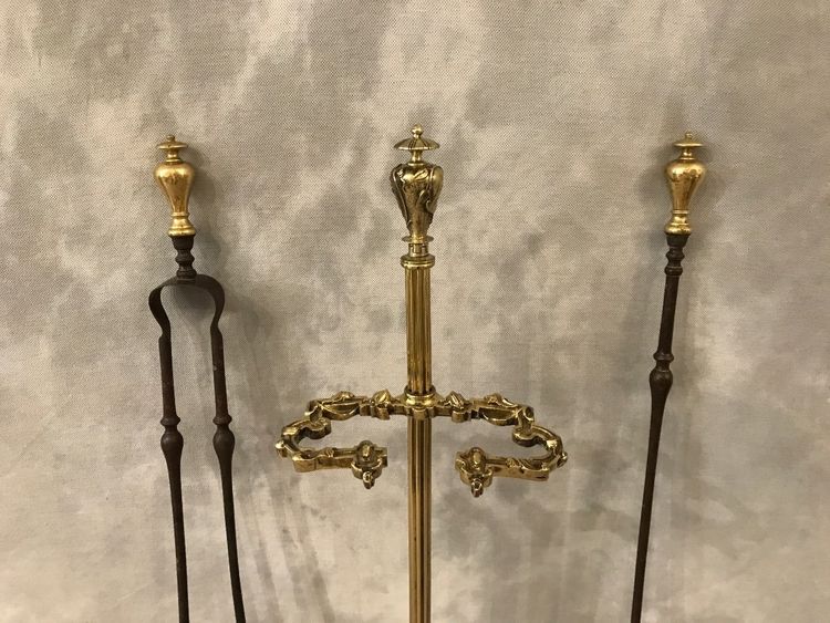 19th century iron fireplace server with shovel, iron and bronze tongs