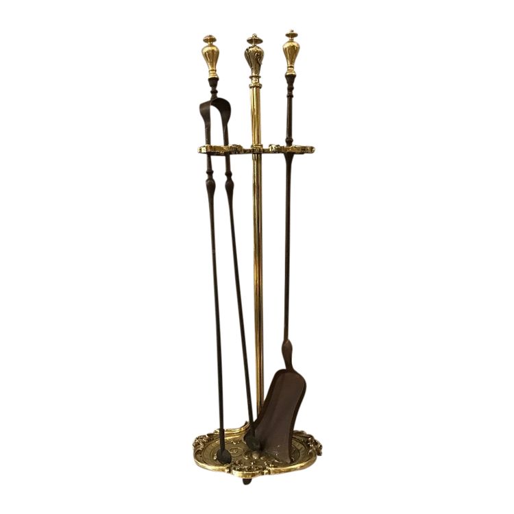 19th century iron fireplace server with shovel, iron and bronze tongs