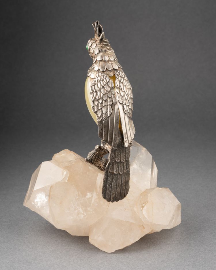Bird in Solid Silver and Agate on a Rock Crystal Base, 19th Century