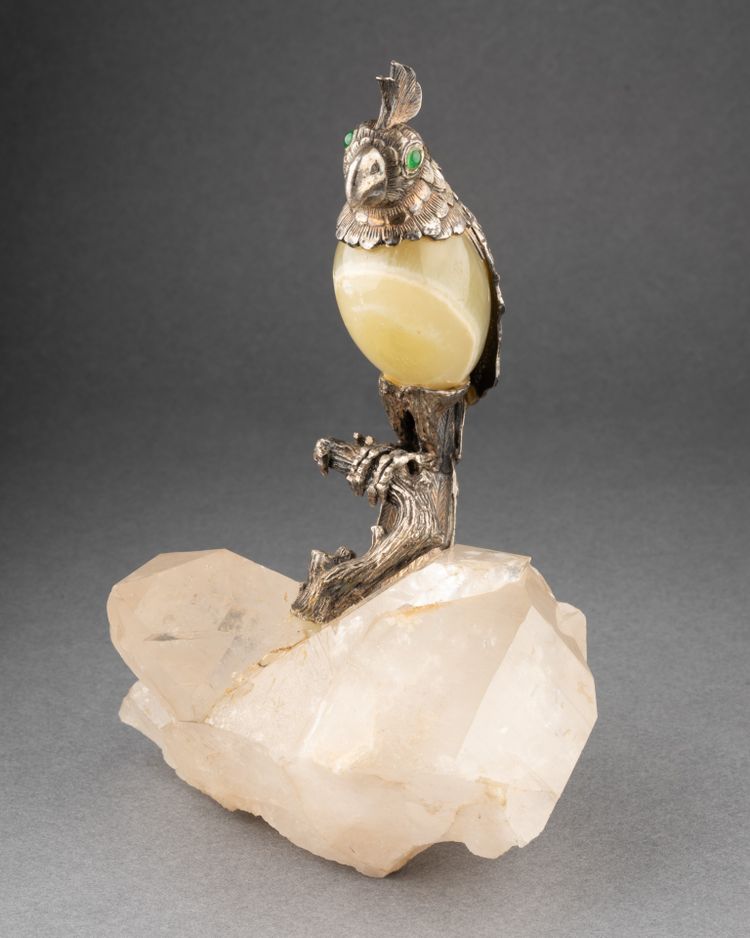 Bird in Solid Silver and Agate on a Rock Crystal Base, 19th Century