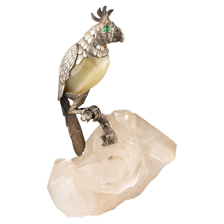 Bird in Solid Silver and Agate on a Rock Crystal Base, 19th Century