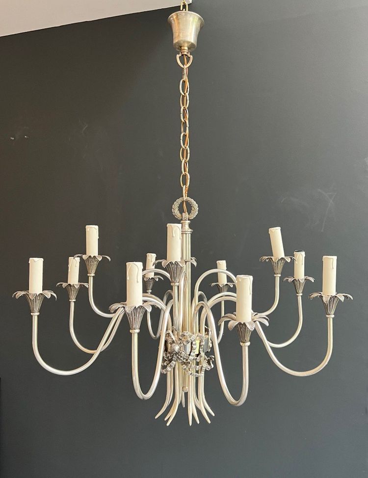 Neoclassical Style Silvered Metal Chandelier. French work by La Maison Charles. Circa 1940