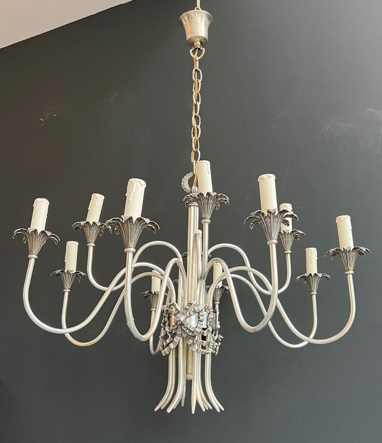 Neoclassical Style Silvered Metal Chandelier. French work by La Maison Charles. Circa 1940