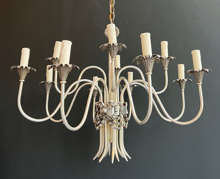 Neoclassical Style Silvered Metal Chandelier. French work by La Maison Charles. Circa 1940