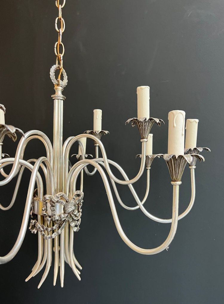 Neoclassical Style Silvered Metal Chandelier. French work by La Maison Charles. Circa 1940