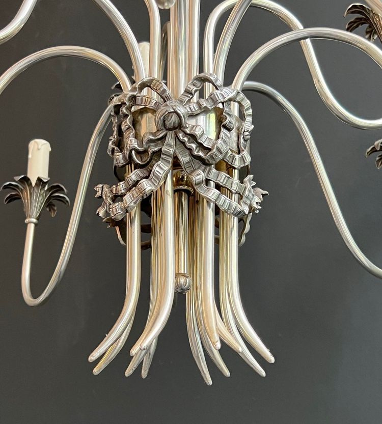 Neoclassical Style Silvered Metal Chandelier. French work by La Maison Charles. Circa 1940