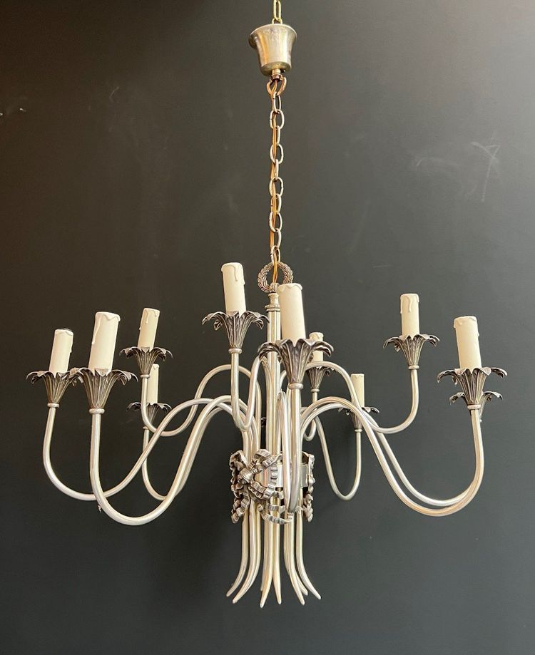 Neoclassical Style Silvered Metal Chandelier. French work by La Maison Charles. Circa 1940
