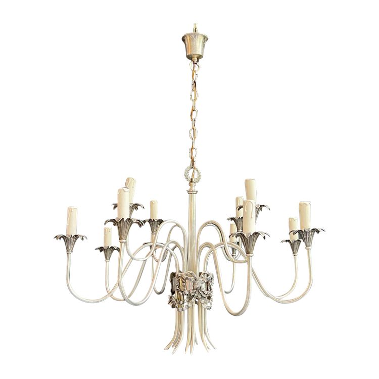 Neoclassical Style Silvered Metal Chandelier. French work by La Maison Charles. Circa 1940