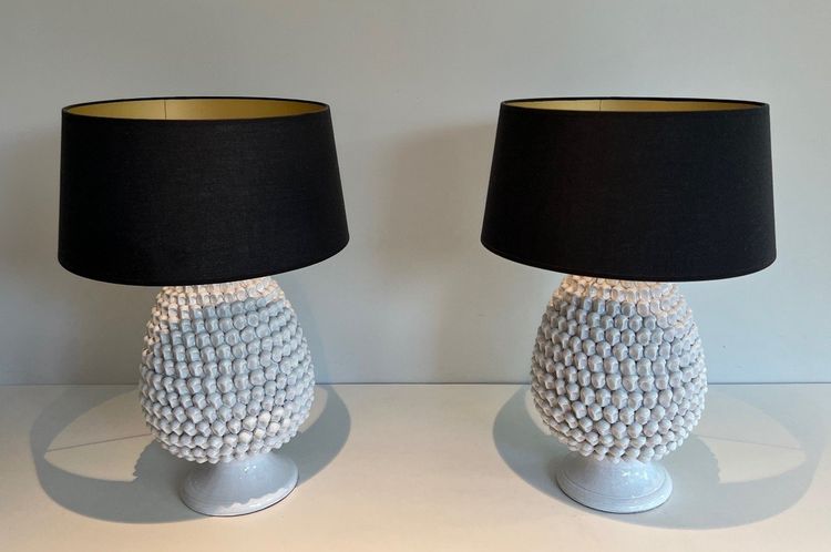 Pair of Important Ceramic Lamps. French work. Circa 1970