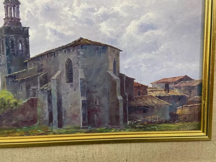 Gemälde Öl auf Leinwand Spanische Schule Nestor Kirche von Riudellots de la Selva