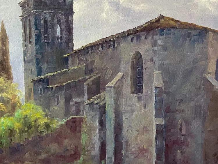 Gemälde Öl auf Leinwand Spanische Schule Nestor Kirche von Riudellots de la Selva