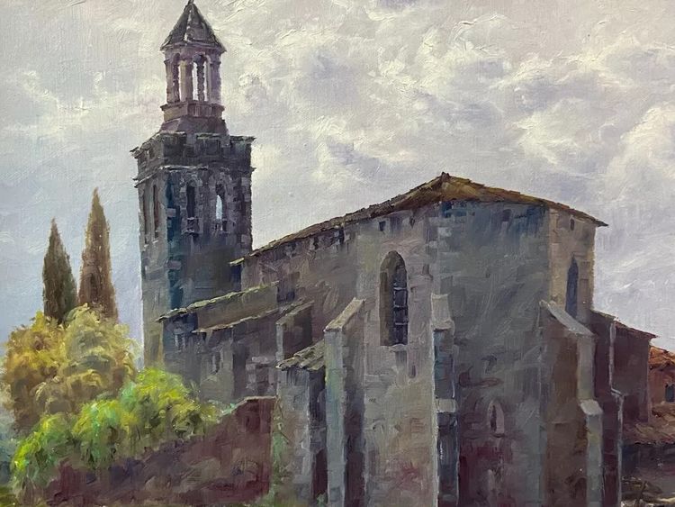 Gemälde Öl auf Leinwand Spanische Schule Nestor Kirche von Riudellots de la Selva