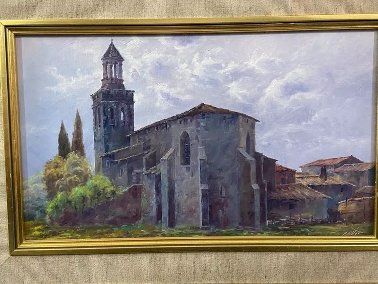 Gemälde Öl auf Leinwand Spanische Schule Nestor Kirche von Riudellots de la Selva