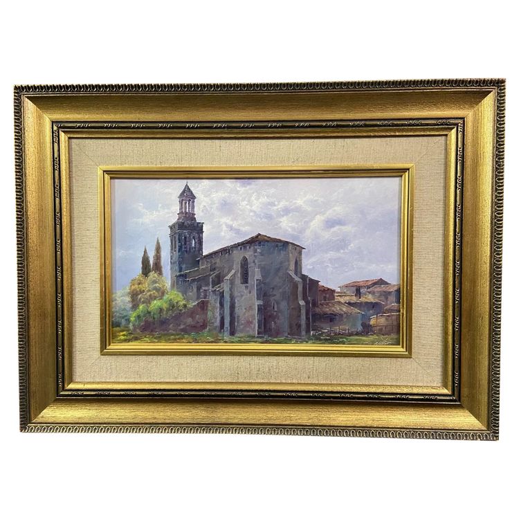 Gemälde Öl auf Leinwand Spanische Schule Nestor Kirche von Riudellots de la Selva