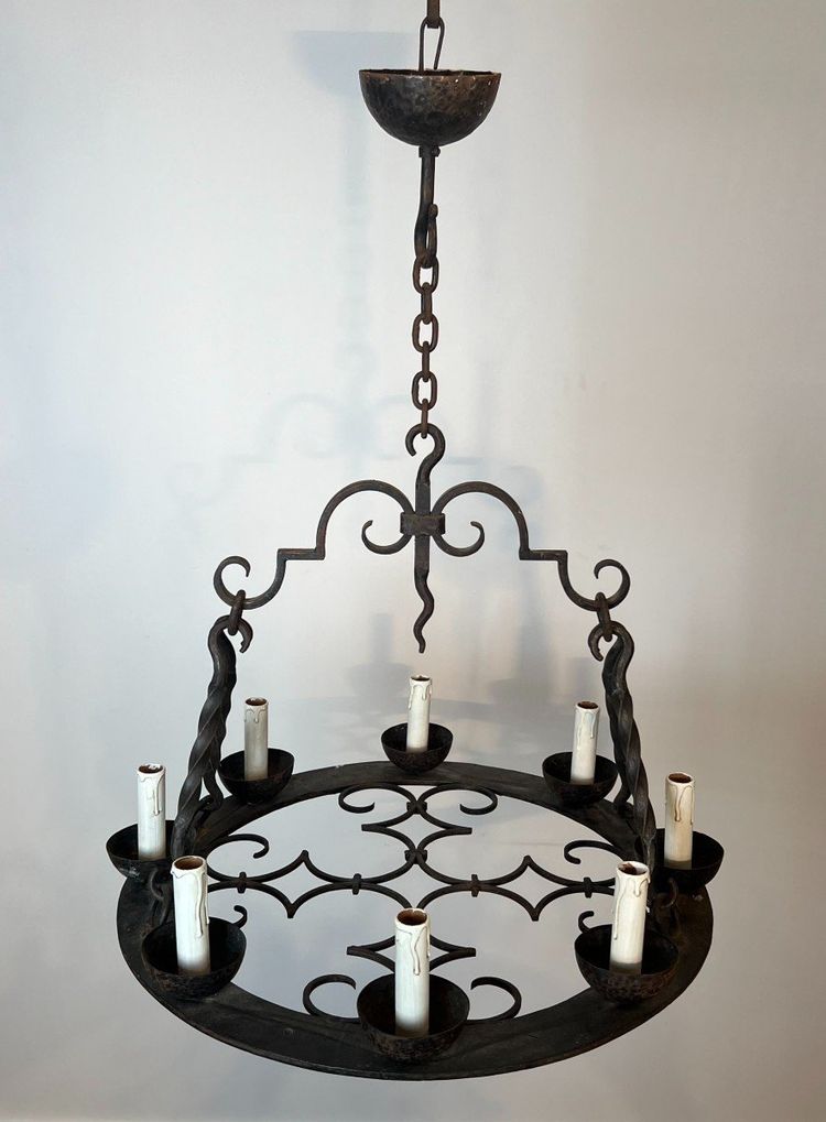 8-light round wrought iron chandelier. French Gothic work. Circa 1940