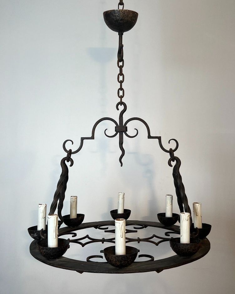 8-light round wrought iron chandelier. French Gothic work. Circa 1940