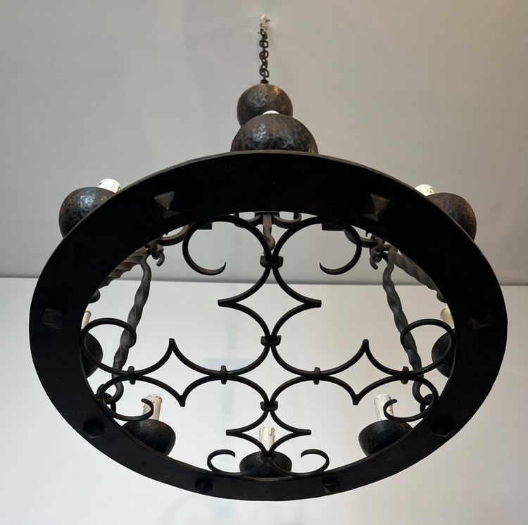 8-light round wrought iron chandelier. French Gothic work. Circa 1940
