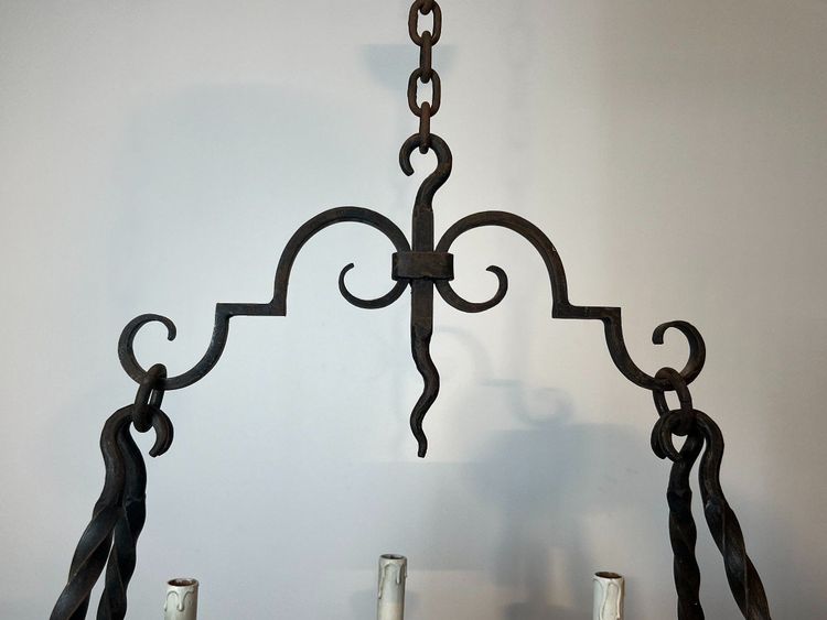 8-light round wrought iron chandelier. French Gothic work. Circa 1940