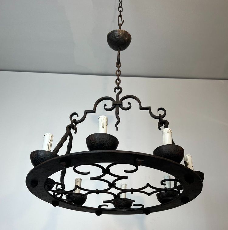 8-light round wrought iron chandelier. French Gothic work. Circa 1940
