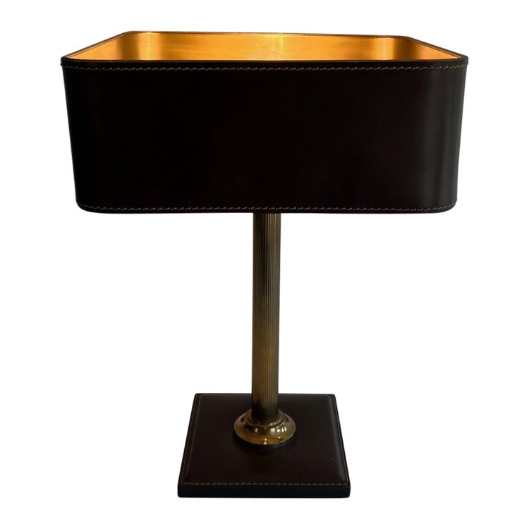 Lampe De Bureau En Cuir Marron Et Laiton. French work in the style of Jacques Adnet