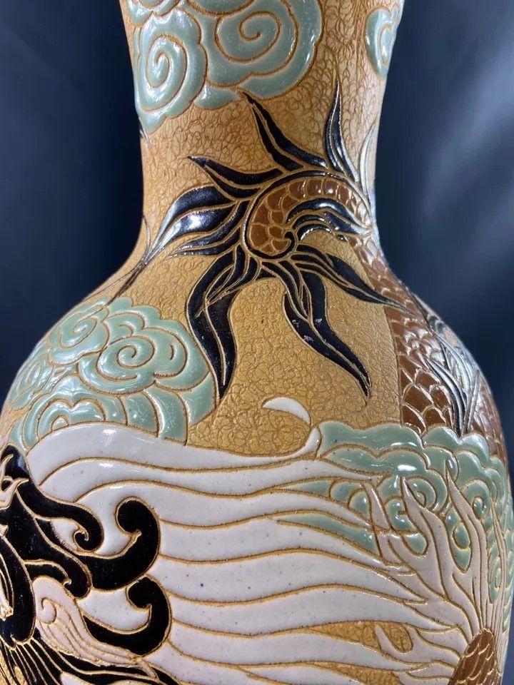 Very large BIEN HOA stoneware dragon lamp on yellow background Vietnam