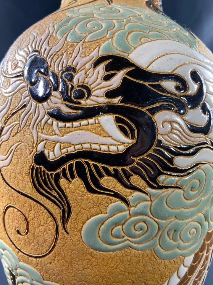 Very large BIEN HOA stoneware dragon lamp on yellow background Vietnam