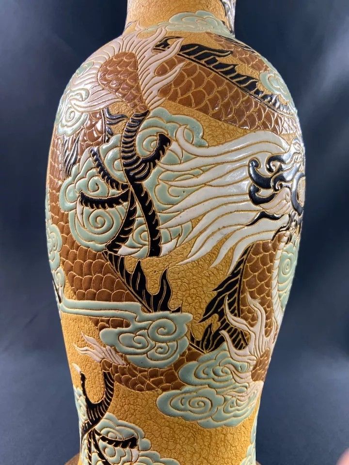 Very large BIEN HOA stoneware dragon lamp on yellow background Vietnam