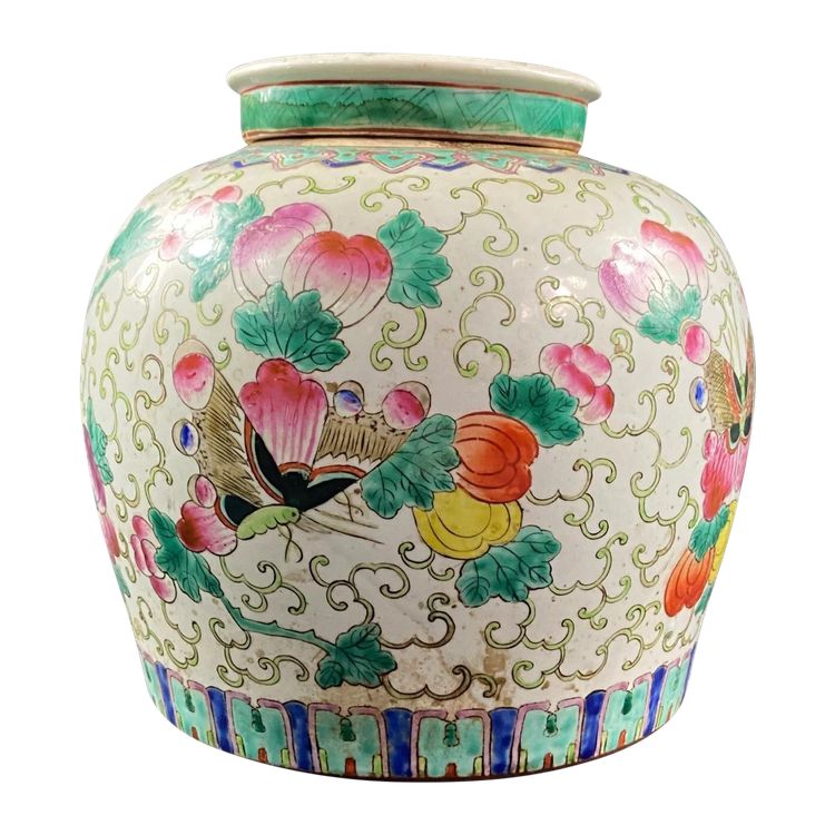 Ingwer-Topf aus China Porzellan XIX Blumen-Dekor mit Schmetterlingen