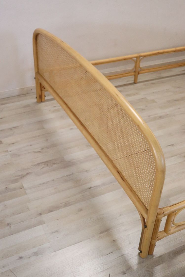 Letto matrimoniale vintage in bambù e paglia di Vienna, anni '80