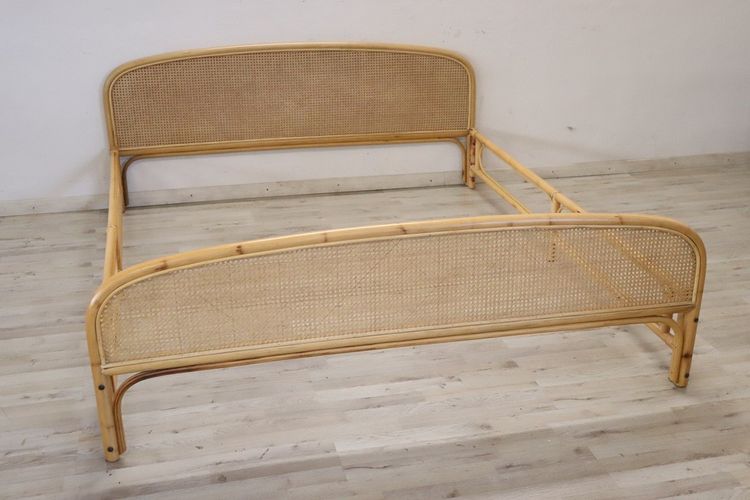 Letto matrimoniale vintage in bambù e paglia di Vienna, anni '80