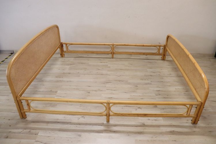 Letto matrimoniale vintage in bambù e paglia di Vienna, anni '80
