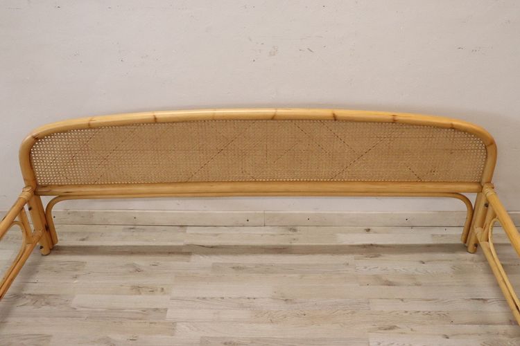 Letto matrimoniale vintage in bambù e paglia di Vienna, anni '80