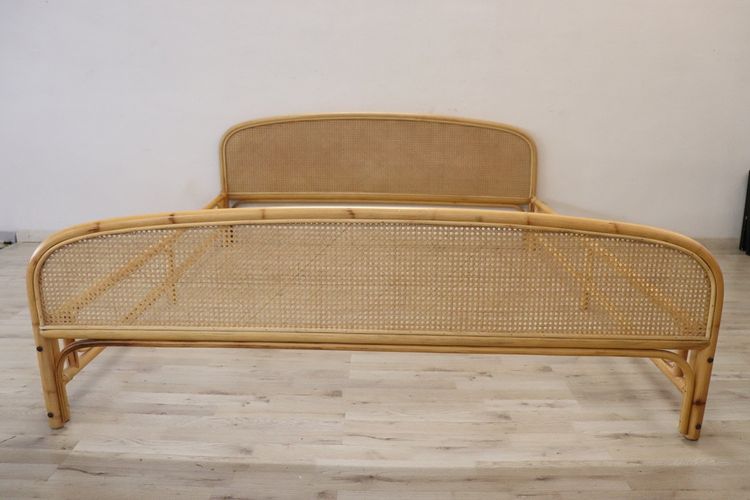 Letto matrimoniale vintage in bambù e paglia di Vienna, anni '80