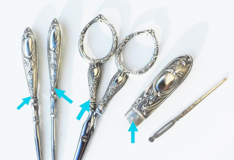 Bellissimo kit da cucito in argento massiccio in stile Art Nouveau. Contiene un paio di forbici da ricamo.