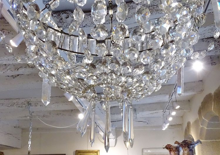 Lampadario Corbeille Cristal Taillé Pampilles Guirlandes XIXème Siècle