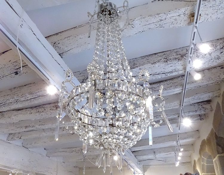 Lampadario Corbeille Cristal Taillé Pampilles Guirlandes XIXème Siècle