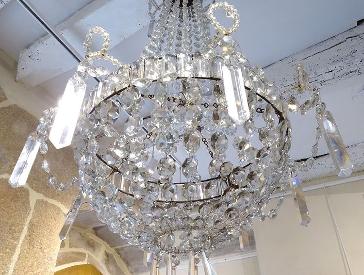 Lampadario Corbeille Cristal Taillé Pampilles Guirlandes XIXème Siècle