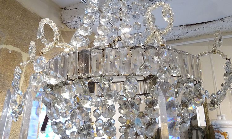 Lampadario Corbeille Cristal Taillé Pampilles Guirlandes XIXème Siècle