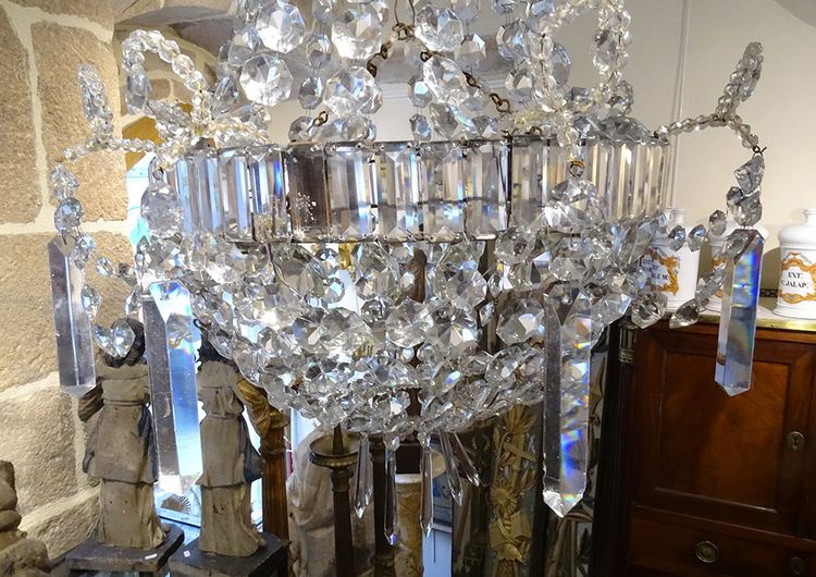 Lampadario Corbeille Cristal Taillé Pampilles Guirlandes XIXème Siècle